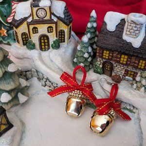 2 Pair Vtg Dangle Holiday Earrings-Sleigh Bells & Silver/Gold Tone Tree Lights